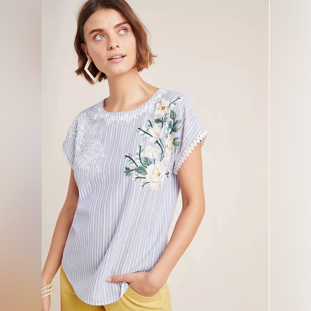 Anthropologie Pankaj & Nidhi Cotton striped embroidered sequined floral  top. M